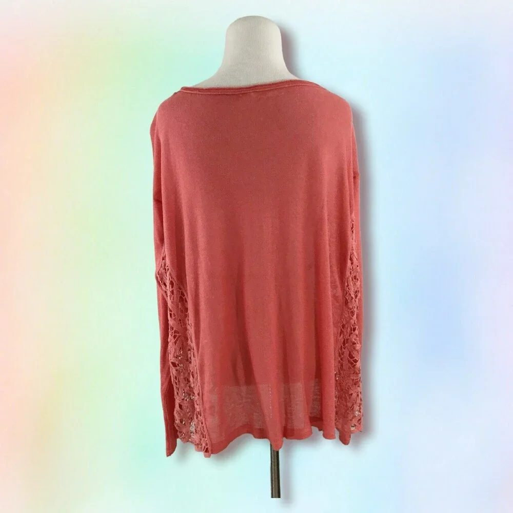 Free People Top‎ S orange/coral oversize sheer lace sides boho Linen Blend mesh
